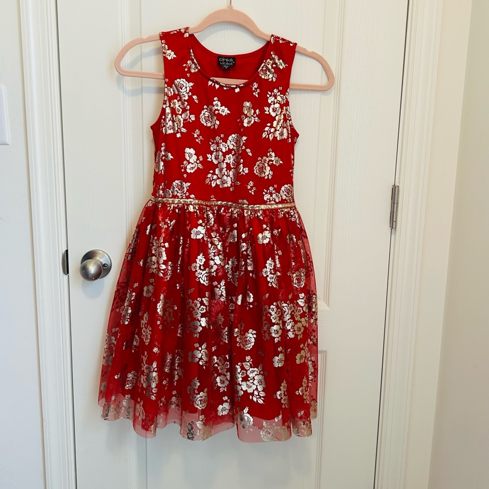 Girls Red Christmas Dress with Gold Floral Accents Pink & Violet Holiday Party
